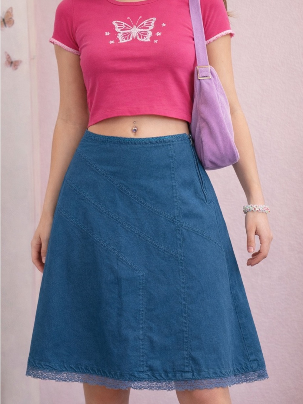 Y2K Turquoise A-Line Midi Skirt Juniors 3 | Lace Trim Cotton Vintage Cottage